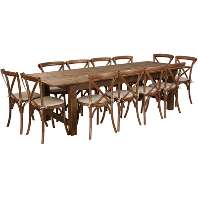 HERCULES Series 9' x 40'' Folding Farm Table Set with 12 Cross Back Chairs and Cushions - View 1