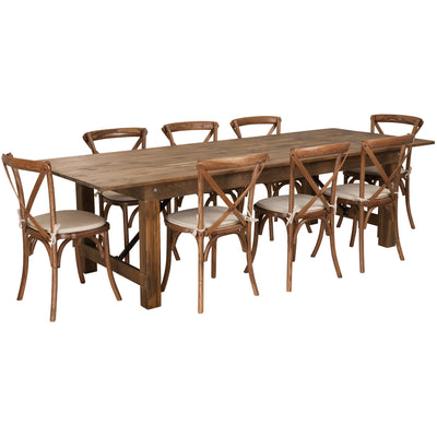 HERCULES Series 9' x 40'' Folding Farm Table Set with 8 Cross Back Chairs and Cushions - View 1