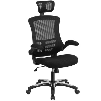 High-Back Black Mesh Swivel Ergonomic Executive Office Chair with Flip-Up Arms and Adjustable Headrest - View 1