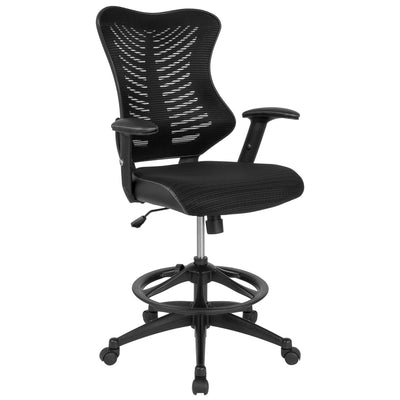 High Back Designer Mesh Drafting Chair with LeatherSoft Sides and Adjustable Arms - View 1