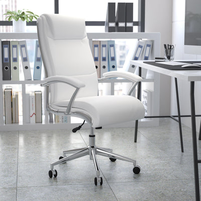 High Back Designer Smooth Upholstered Executive Swivel Office Chair with Chrome Base and Arms - View 2