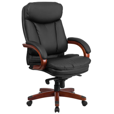 High Back LeatherSoft Executive Swivel Ergonomic Office Chair with Synchro-Tilt Mechanism, Mahogany Wood Base and Arms - View 1