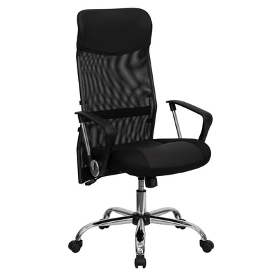 High Back Leather and Mesh Swivel Task Office Chair with Arms - View 1