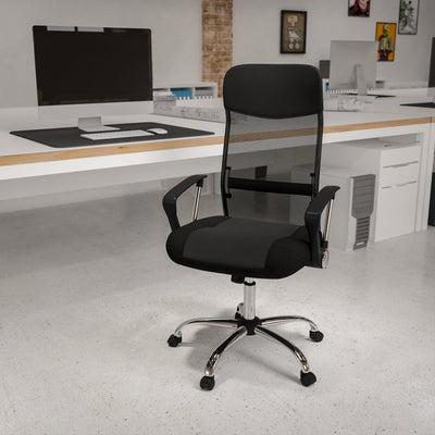 High Back Leather and Mesh Swivel Task Office Chair with Arms - View 2