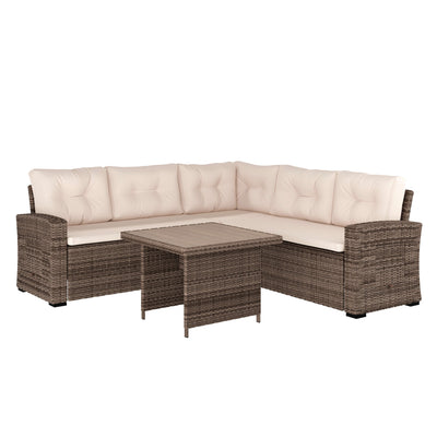 Huck Indoor/Outdoor Wicker Rattan Conversation Set, L-Shaped Sofa with Dining Table, Weather Resistant Cushions - View 1