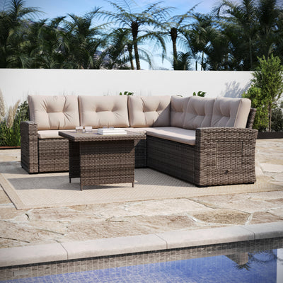 Huck Indoor/Outdoor Wicker Rattan Conversation Set, L-Shaped Sofa with Dining Table, Weather Resistant Cushions - View 2