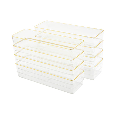 Kerry 8 Pack Plastic Stackable Office Desk Drawer Organizers with Metallic Trim, 9" x 3" - View 1