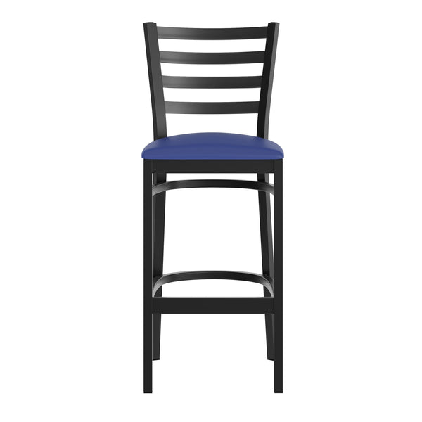 Blue Vinyl Seat/Black Metal Frame |#| Black Ladder Back Metal Restaurant Barstool - Blue Vinyl Seat