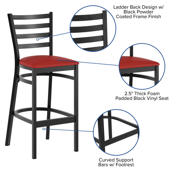 Red Vinyl Seat/Black Metal Frame |#| Black Ladder Back Metal Restaurant Barstool - Red Vinyl Seat