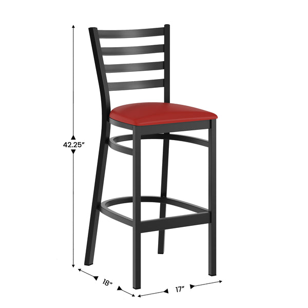 Red Vinyl Seat/Black Metal Frame |#| Black Ladder Back Metal Restaurant Barstool - Red Vinyl Seat