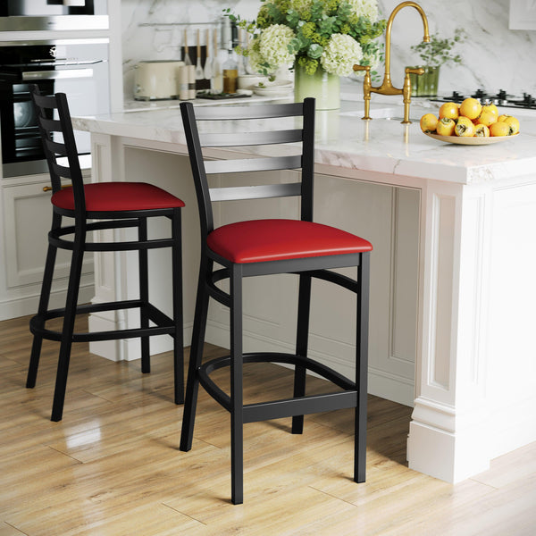 Red Vinyl Seat/Black Metal Frame |#| Black Ladder Back Metal Restaurant Barstool - Red Vinyl Seat