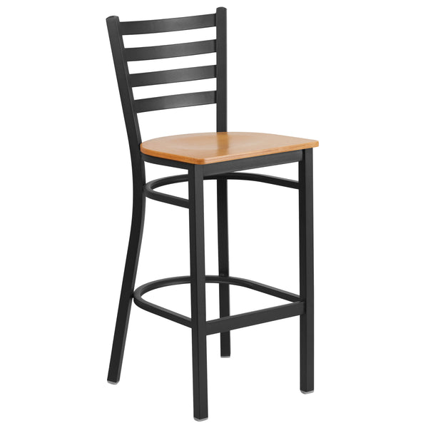 Natural Wood Seat/Black Metal Frame |#| Black Ladder Back Metal Restaurant Barstool - Natural Wood Seat