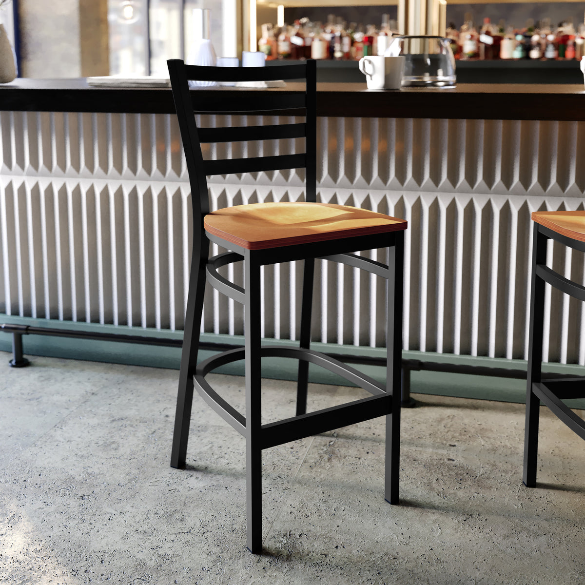 Natural Wood Seat/Black Metal Frame |#| Black Ladder Back Metal Restaurant Barstool - Natural Wood Seat