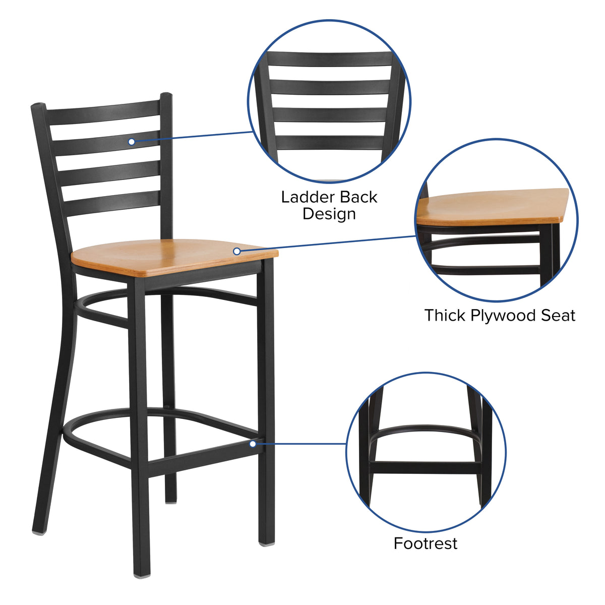 Natural Wood Seat/Black Metal Frame |#| Black Ladder Back Metal Restaurant Barstool - Natural Wood Seat