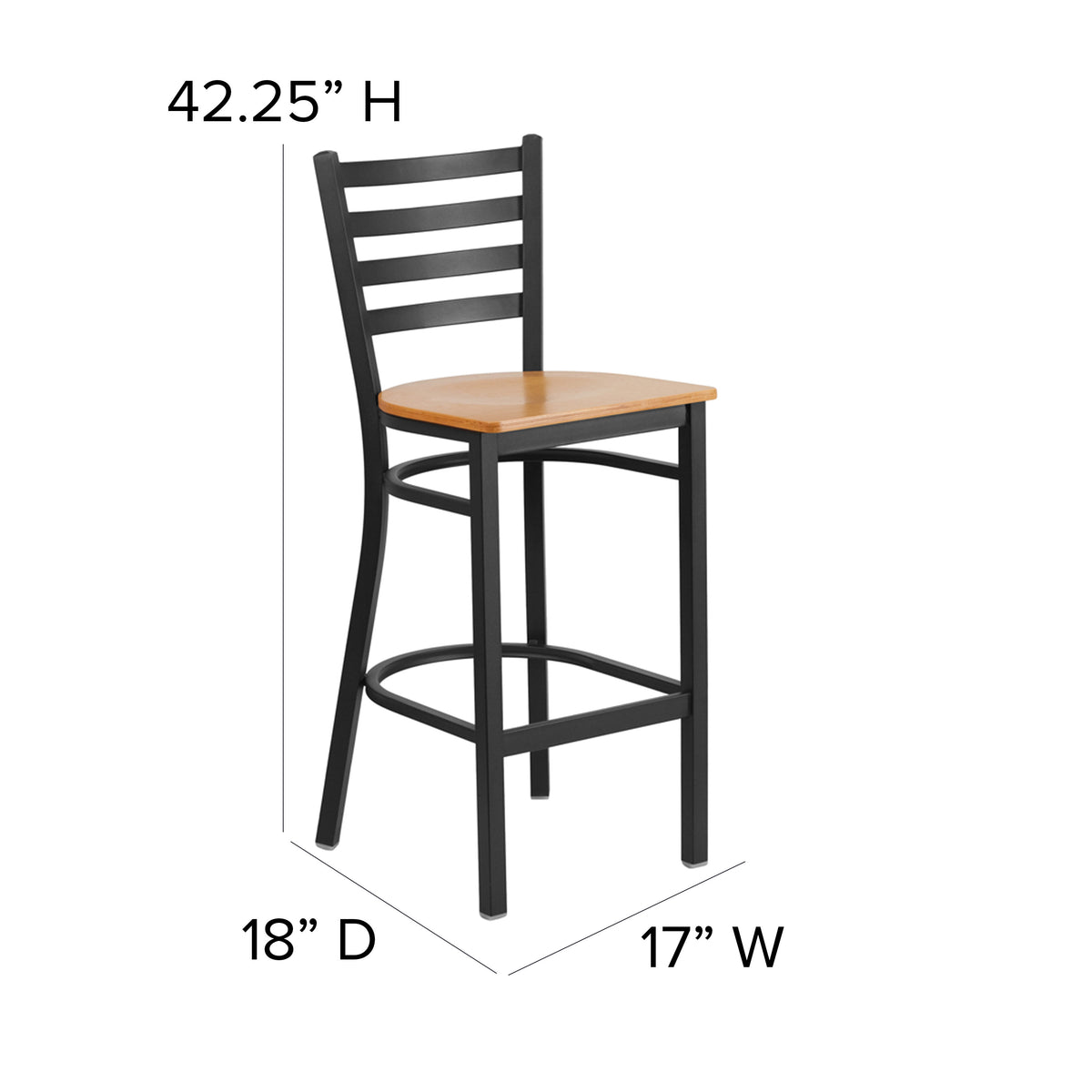 Natural Wood Seat/Black Metal Frame |#| Black Ladder Back Metal Restaurant Barstool - Natural Wood Seat