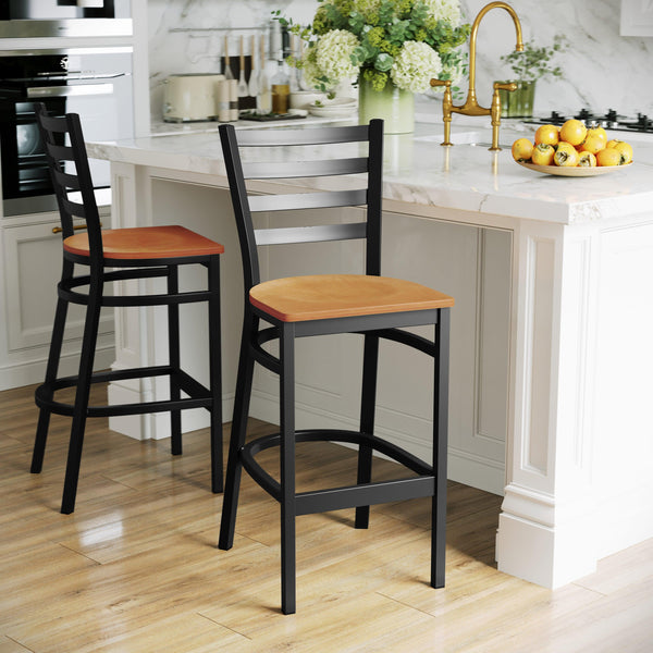 Natural Wood Seat/Black Metal Frame |#| Black Ladder Back Metal Restaurant Barstool - Natural Wood Seat