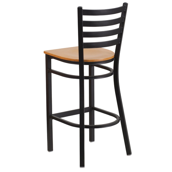 Natural Wood Seat/Black Metal Frame |#| Black Ladder Back Metal Restaurant Barstool - Natural Wood Seat