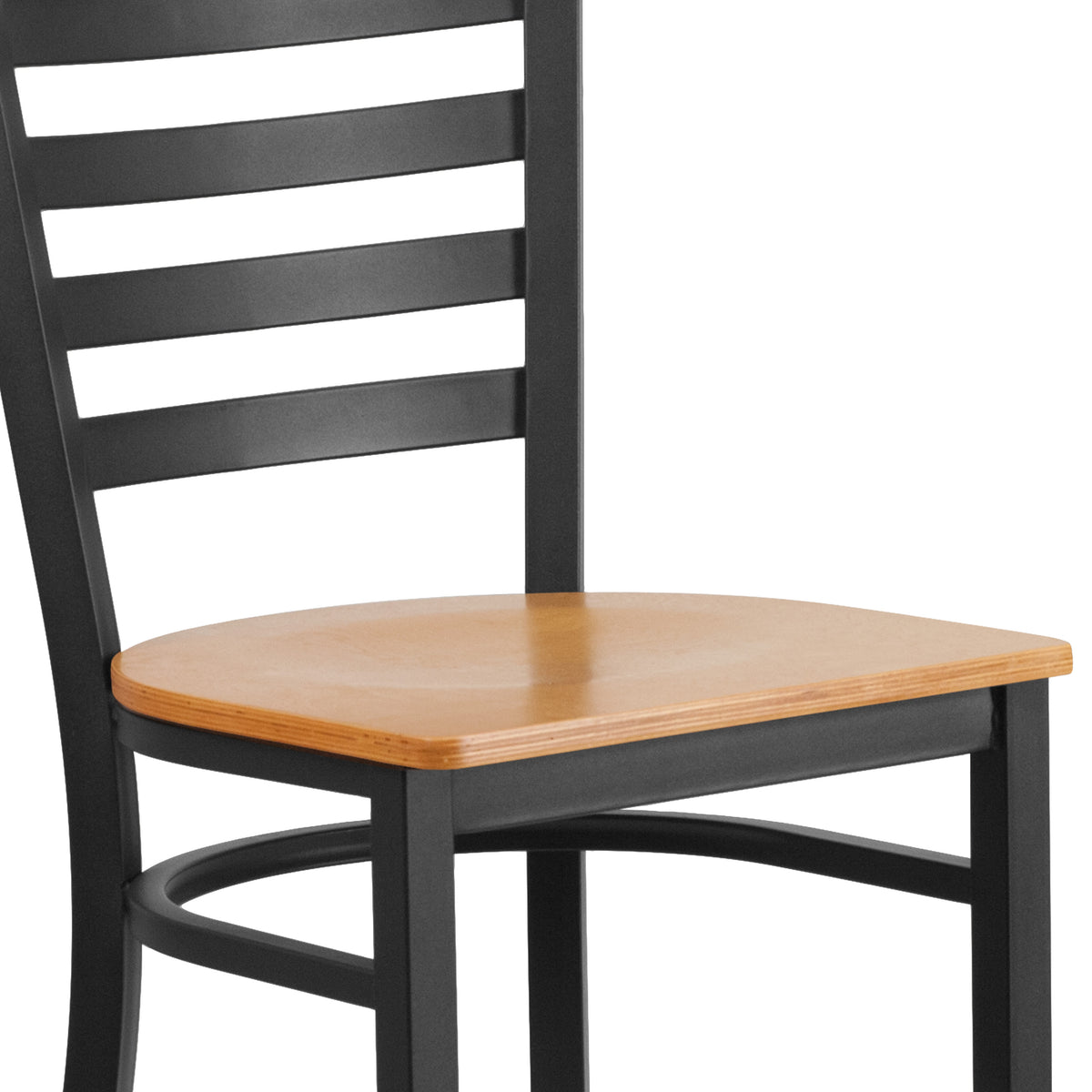 Natural Wood Seat/Black Metal Frame |#| Black Ladder Back Metal Restaurant Barstool - Natural Wood Seat