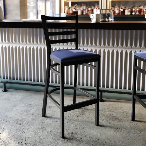 Blue Vinyl Seat/Black Metal Frame |#| Black Ladder Back Metal Restaurant Barstool - Blue Vinyl Seat