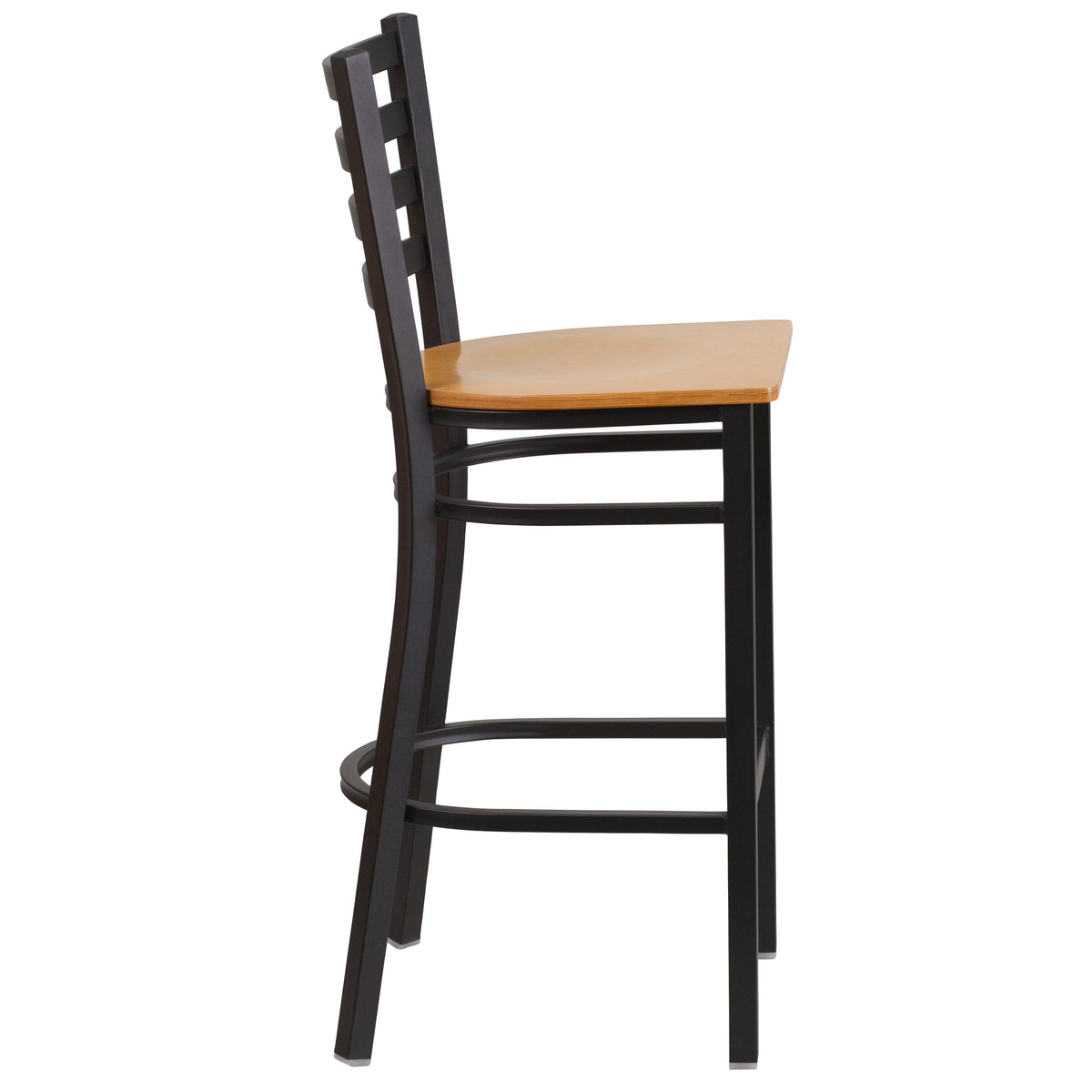 Natural Wood Seat/Black Metal Frame |#| Black Ladder Back Metal Restaurant Barstool - Natural Wood Seat