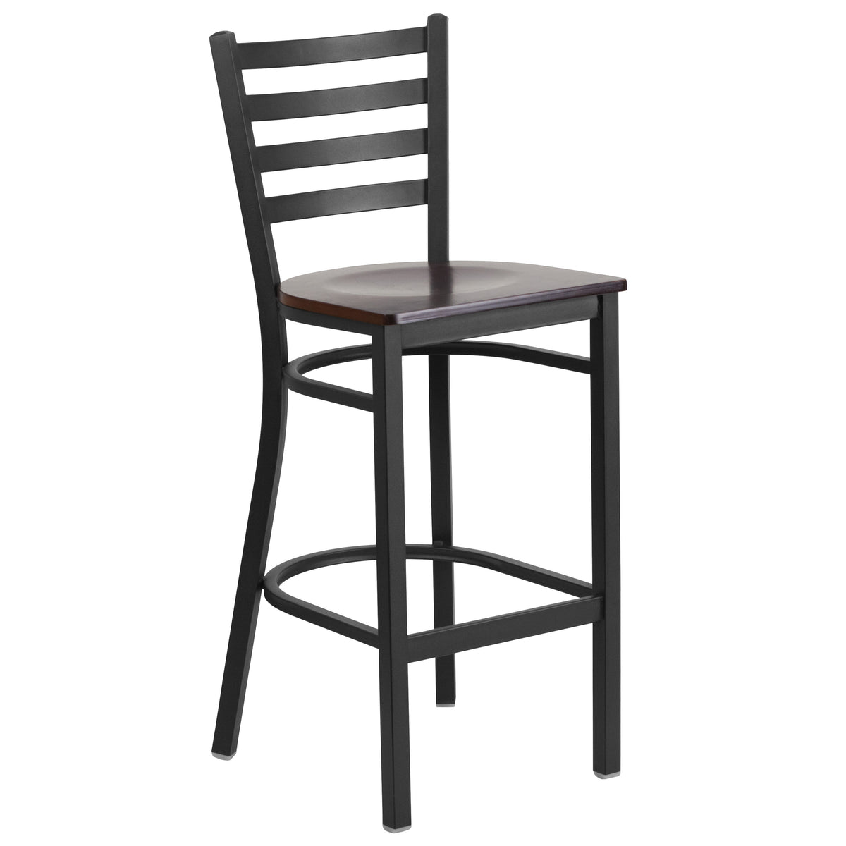 Walnut Wood Seat/Black Metal Frame |#| Black Ladder Back Metal Restaurant Barstool - Walnut Wood Seat