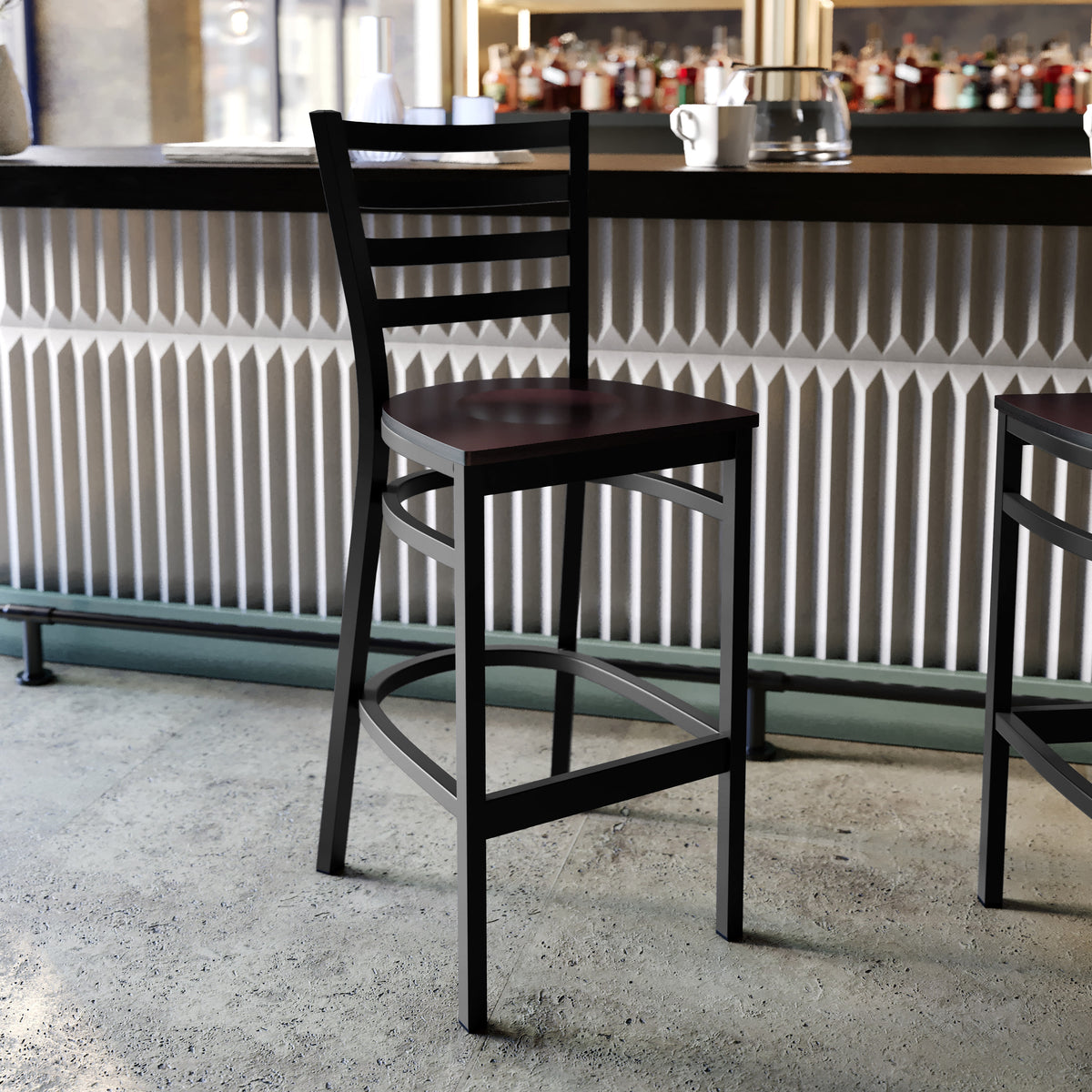 Walnut Wood Seat/Black Metal Frame |#| Black Ladder Back Metal Restaurant Barstool - Walnut Wood Seat