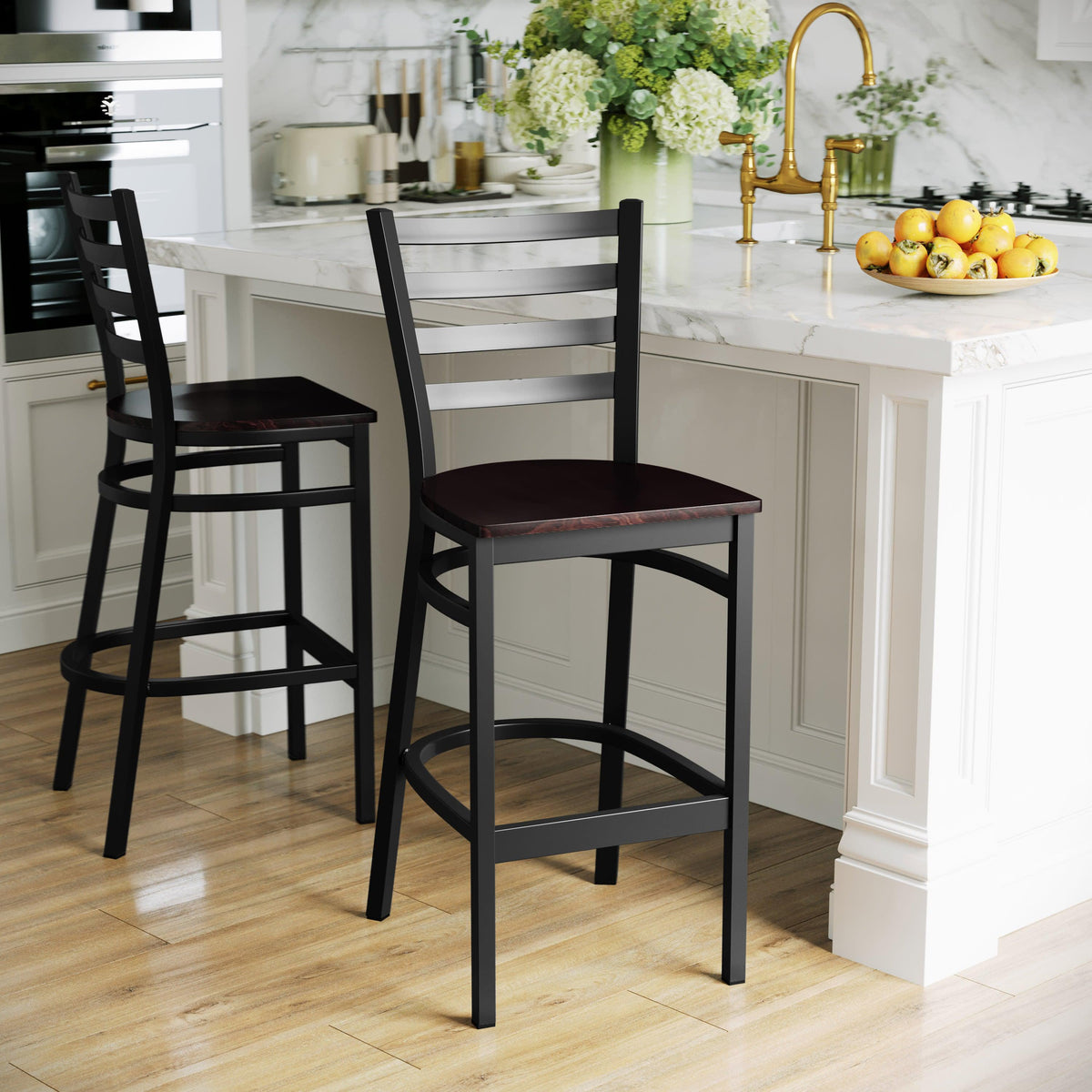 Walnut Wood Seat/Black Metal Frame |#| Black Ladder Back Metal Restaurant Barstool - Walnut Wood Seat