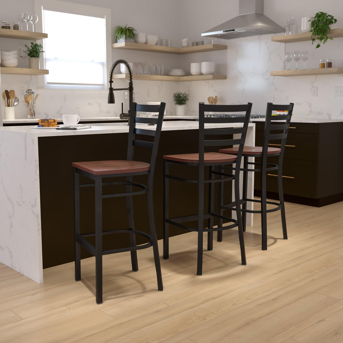 Cherry Wood Seat/Black Metal Frame |#| Black Ladder Back Metal Restaurant Barstool - Cherry Wood Seat