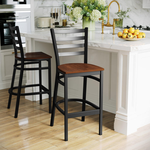 Cherry Wood Seat/Black Metal Frame |#| Black Ladder Back Metal Restaurant Barstool - Cherry Wood Seat