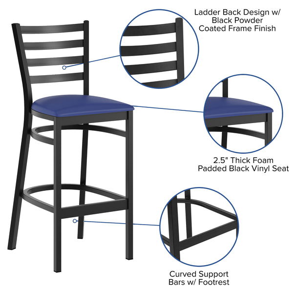 Blue Vinyl Seat/Black Metal Frame |#| Black Ladder Back Metal Restaurant Barstool - Blue Vinyl Seat