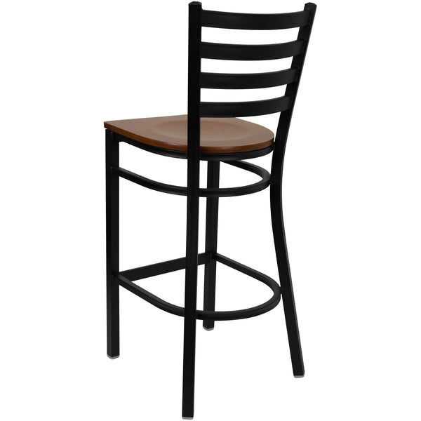 Cherry Wood Seat/Black Metal Frame |#| Black Ladder Back Metal Restaurant Barstool - Cherry Wood Seat