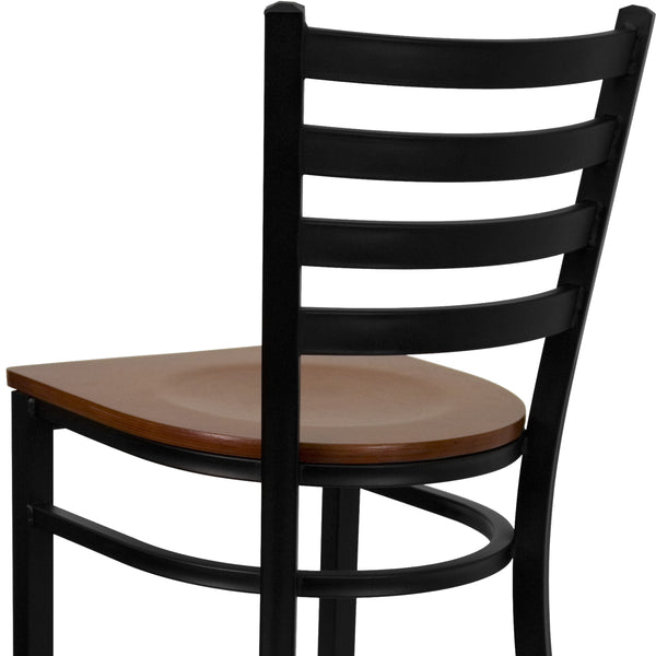 Cherry Wood Seat/Black Metal Frame |#| Black Ladder Back Metal Restaurant Barstool - Cherry Wood Seat