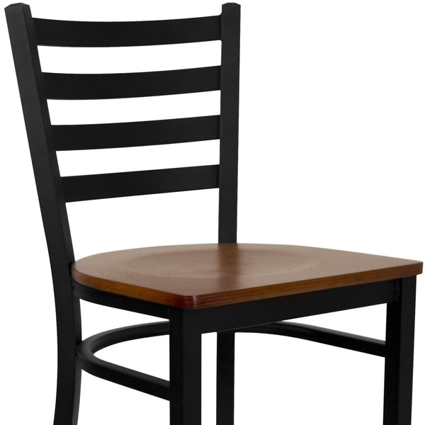 Mahogany Wood Seat/Black Metal Frame |#| Black Ladder Back Metal Restaurant Barstool - Mahogany Wood Seat