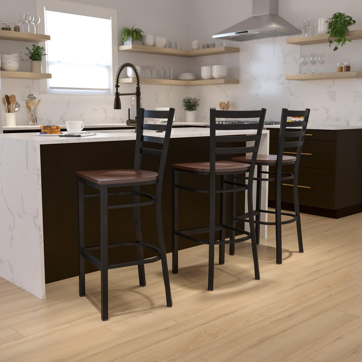 Mahogany Wood Seat/Black Metal Frame |#| Black Ladder Back Metal Restaurant Barstool - Mahogany Wood Seat