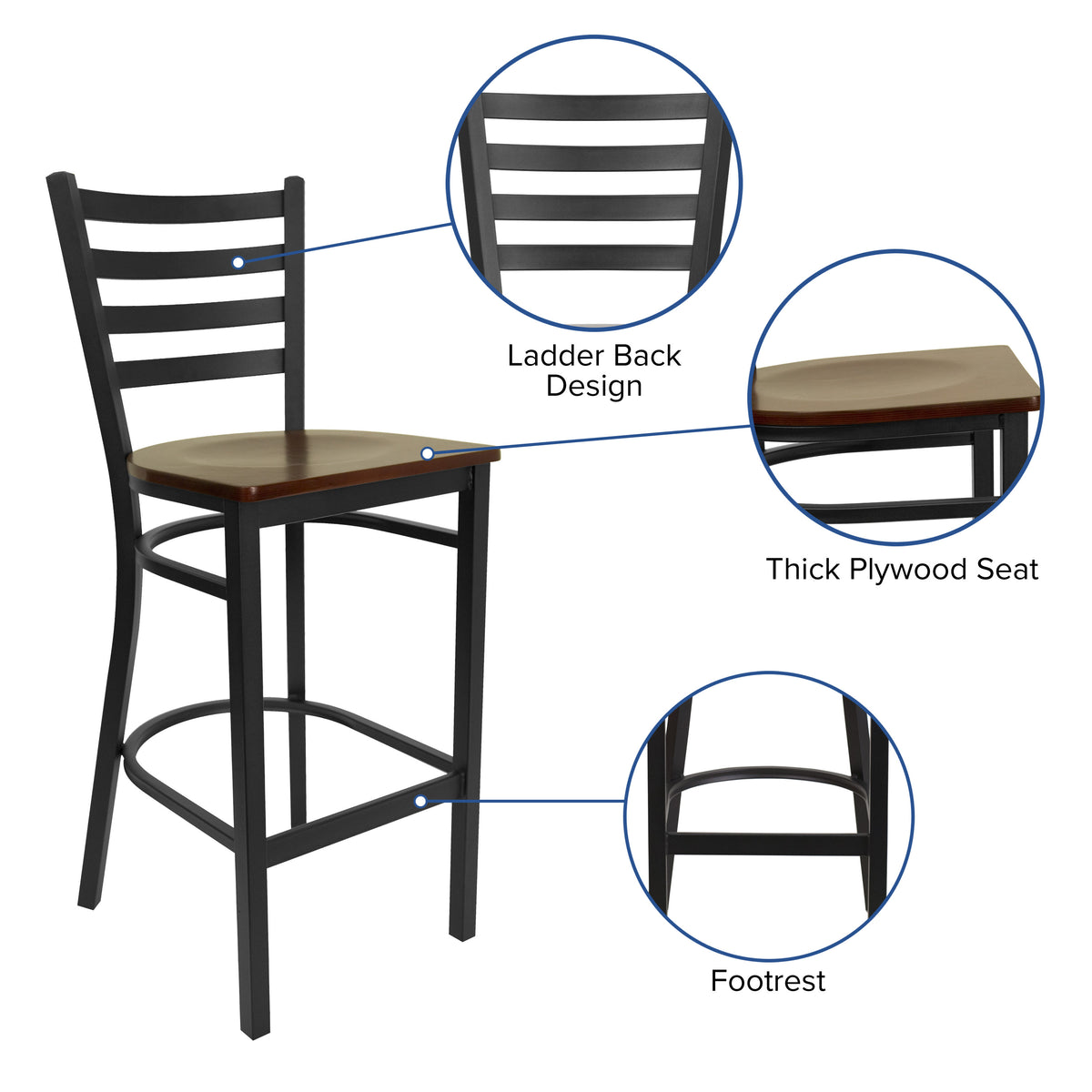 Mahogany Wood Seat/Black Metal Frame |#| Black Ladder Back Metal Restaurant Barstool - Mahogany Wood Seat