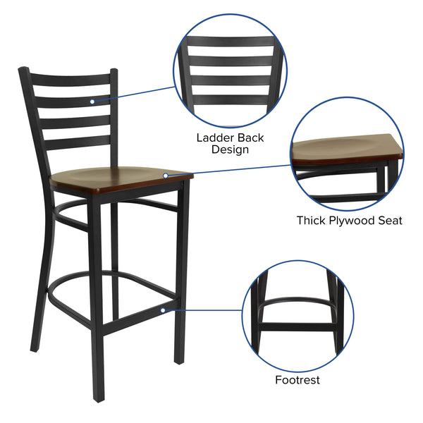 Mahogany Wood Seat/Black Metal Frame |#| Black Ladder Back Metal Restaurant Barstool - Mahogany Wood Seat