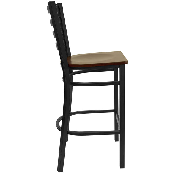 Mahogany Wood Seat/Black Metal Frame |#| Black Ladder Back Metal Restaurant Barstool - Mahogany Wood Seat