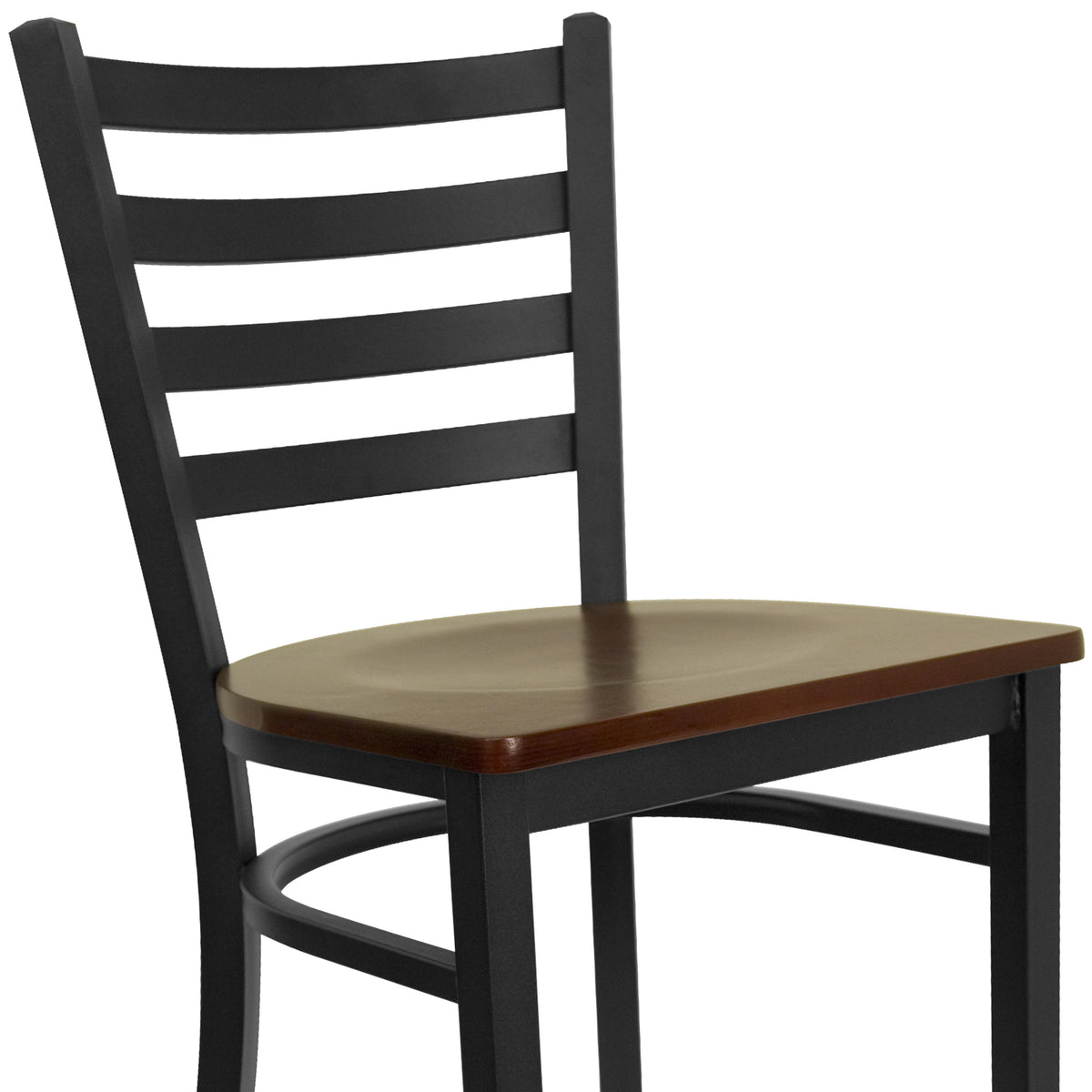 Mahogany Wood Seat/Black Metal Frame |#| Black Ladder Back Metal Restaurant Barstool - Mahogany Wood Seat