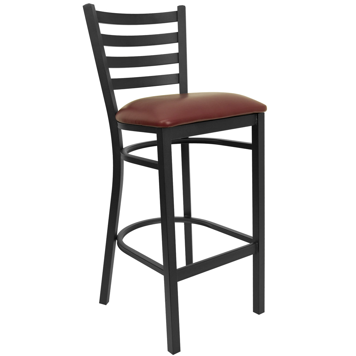 Burgundy Vinyl Seat/Black Metal Frame |#| Black Ladder Back Metal Restaurant Barstool - Burgundy Vinyl Seat