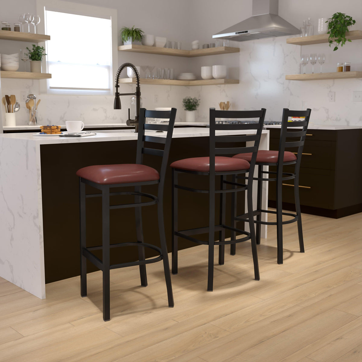 Burgundy Vinyl Seat/Black Metal Frame |#| Black Ladder Back Metal Restaurant Barstool - Burgundy Vinyl Seat