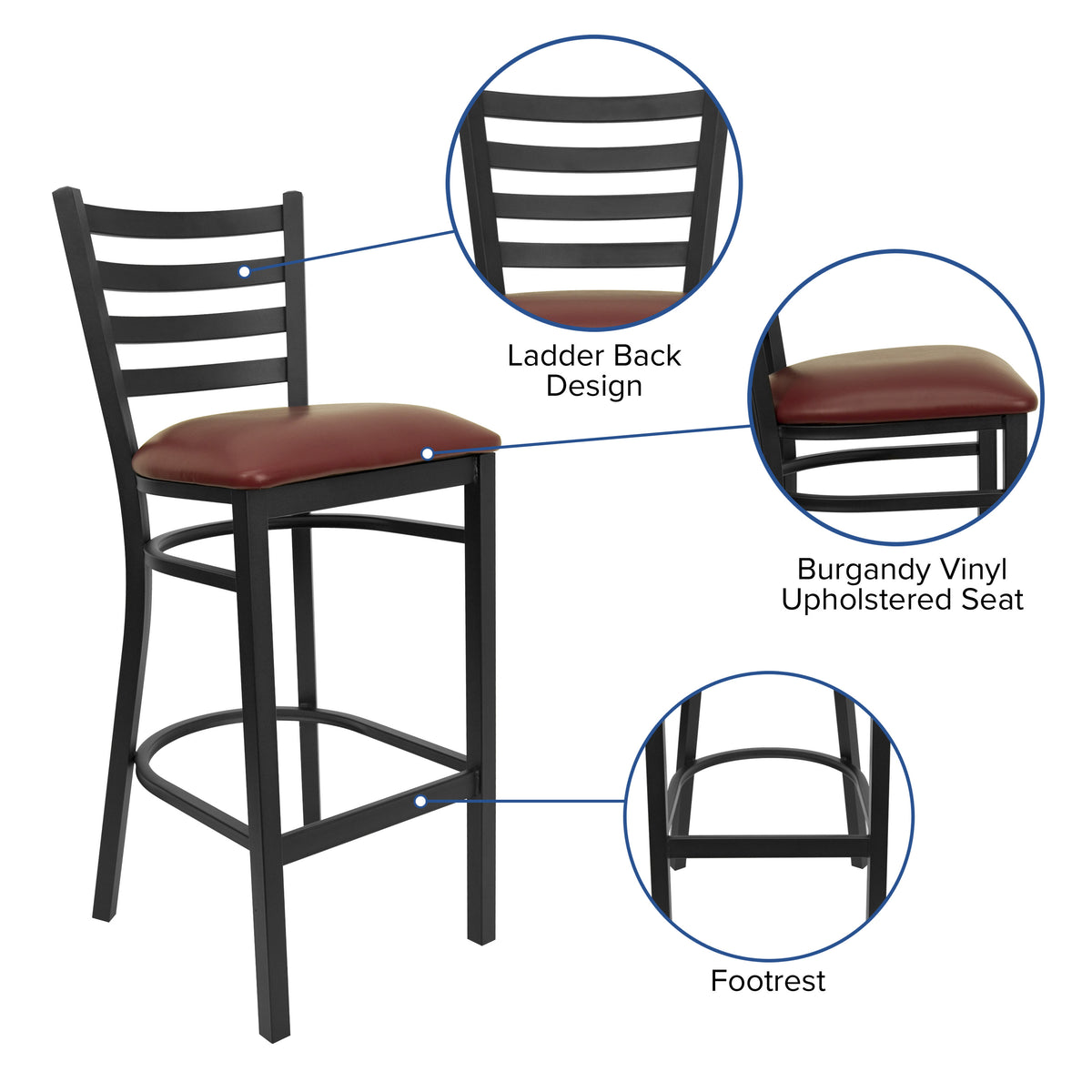 Burgundy Vinyl Seat/Black Metal Frame |#| Black Ladder Back Metal Restaurant Barstool - Burgundy Vinyl Seat