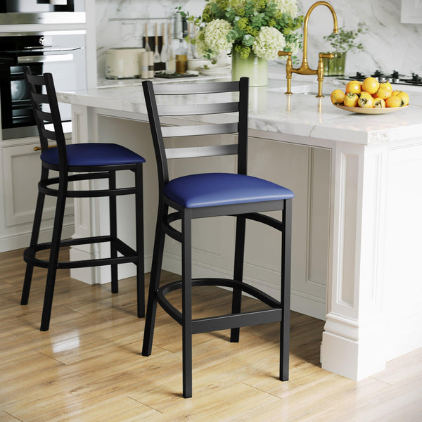 Blue Vinyl Seat/Black Metal Frame |#| Black Ladder Back Metal Restaurant Barstool - Blue Vinyl Seat