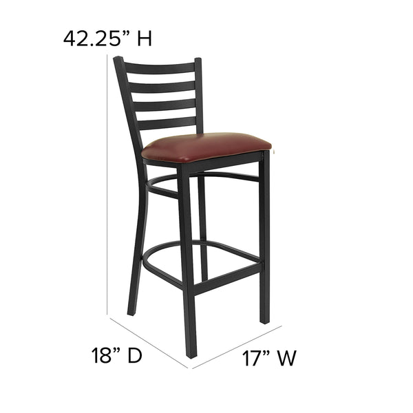 Burgundy Vinyl Seat/Black Metal Frame |#| Black Ladder Back Metal Restaurant Barstool - Burgundy Vinyl Seat