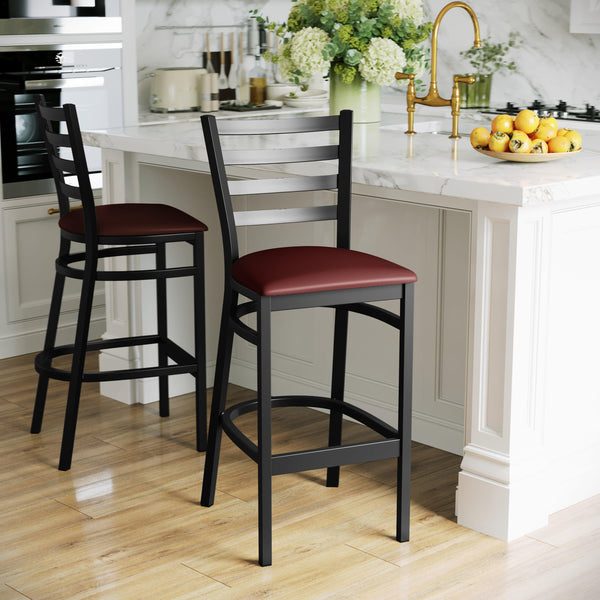 Burgundy Vinyl Seat/Black Metal Frame |#| Black Ladder Back Metal Restaurant Barstool - Burgundy Vinyl Seat