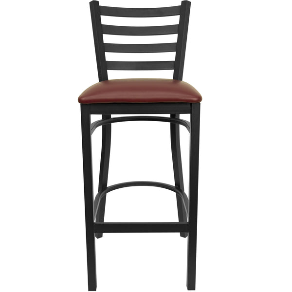 Burgundy Vinyl Seat/Black Metal Frame |#| Black Ladder Back Metal Restaurant Barstool - Burgundy Vinyl Seat