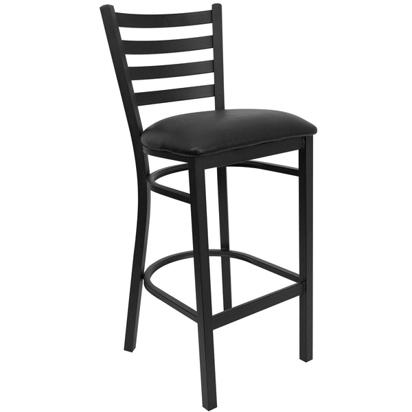 Black Vinyl Seat/Black Metal Frame |#| Black Ladder Back Metal Restaurant Barstool - Black Vinyl Seat