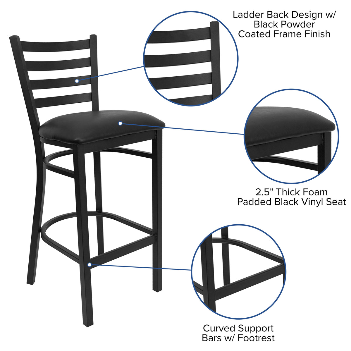 Black Vinyl Seat/Black Metal Frame |#| Black Ladder Back Metal Restaurant Barstool - Black Vinyl Seat