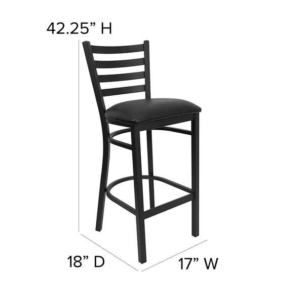 Black Vinyl Seat/Black Metal Frame |#| Black Ladder Back Metal Restaurant Barstool - Black Vinyl Seat