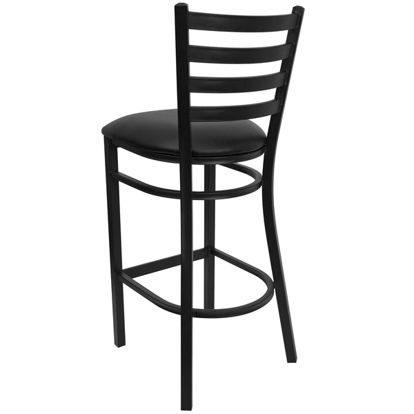 Black Vinyl Seat/Black Metal Frame |#| Black Ladder Back Metal Restaurant Barstool - Black Vinyl Seat