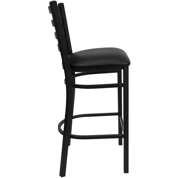 Black Vinyl Seat/Black Metal Frame |#| Black Ladder Back Metal Restaurant Barstool - Black Vinyl Seat